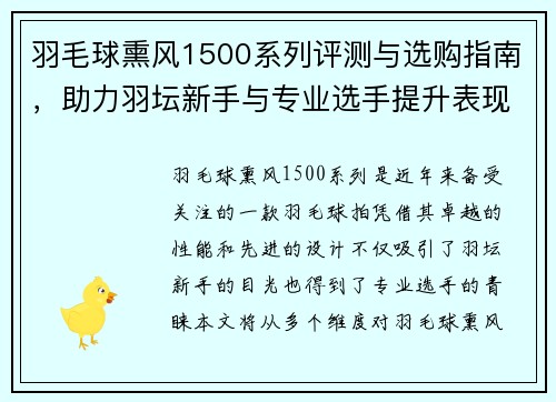 羽毛球熏风1500系列评测与选购指南，助力羽坛新手与专业选手提升表现
