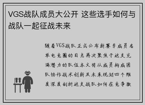 VGS战队成员大公开 这些选手如何与战队一起征战未来