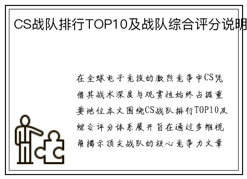 CS战队排行TOP10及战队综合评分说明