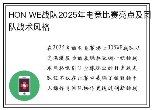 HON WE战队2025年电竞比赛亮点及团队战术风格