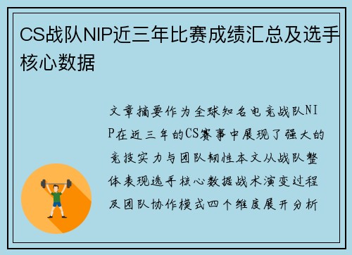 CS战队NIP近三年比赛成绩汇总及选手核心数据